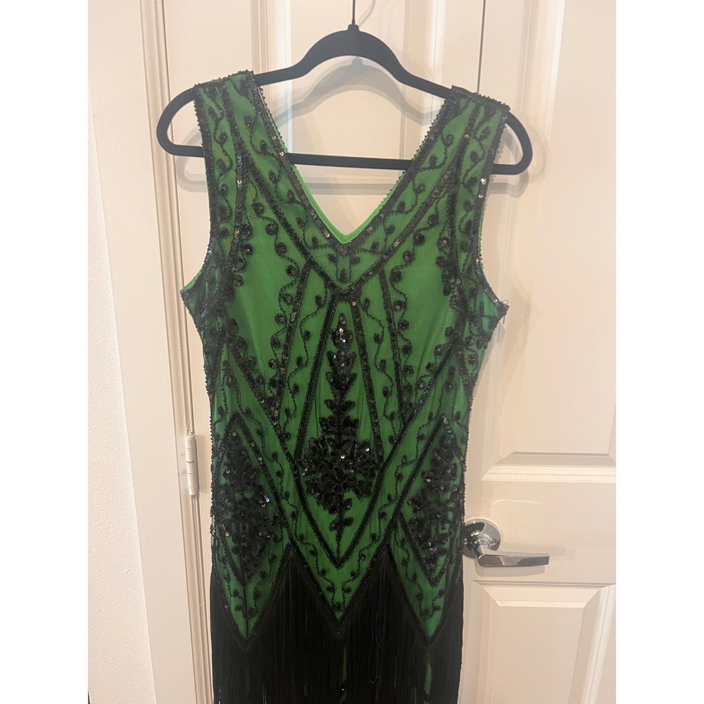 PrettyGuide Green Black Sequin Fringe Flapper Dress 1920s Gatsby Style L (1098) - Picture 3 of 16